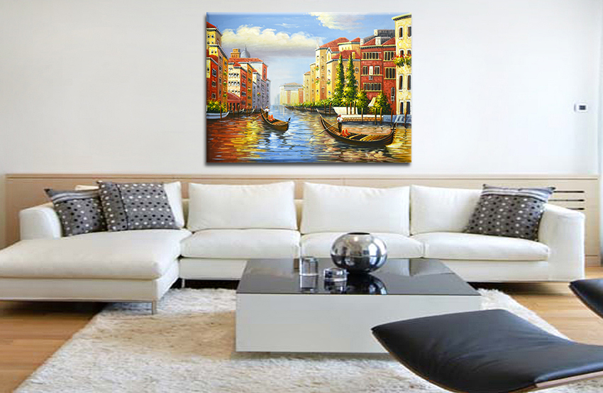 Hand-painting Colorful Venice Houses Lake And People Oil Painting Oversize Study